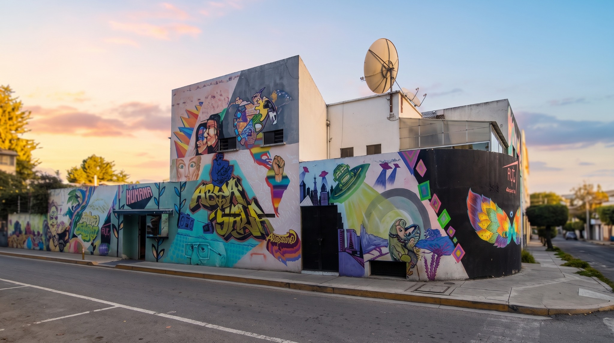Fachada de la Fundación Abya Yala Bolivia, con murales y antena de televisión