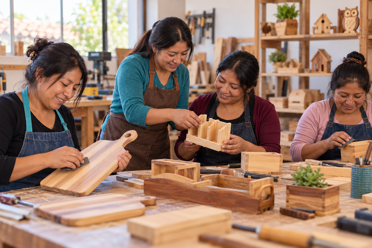 Imagen ilustrativa de mujeres adultas elaborando productos de madera en un taller formativo