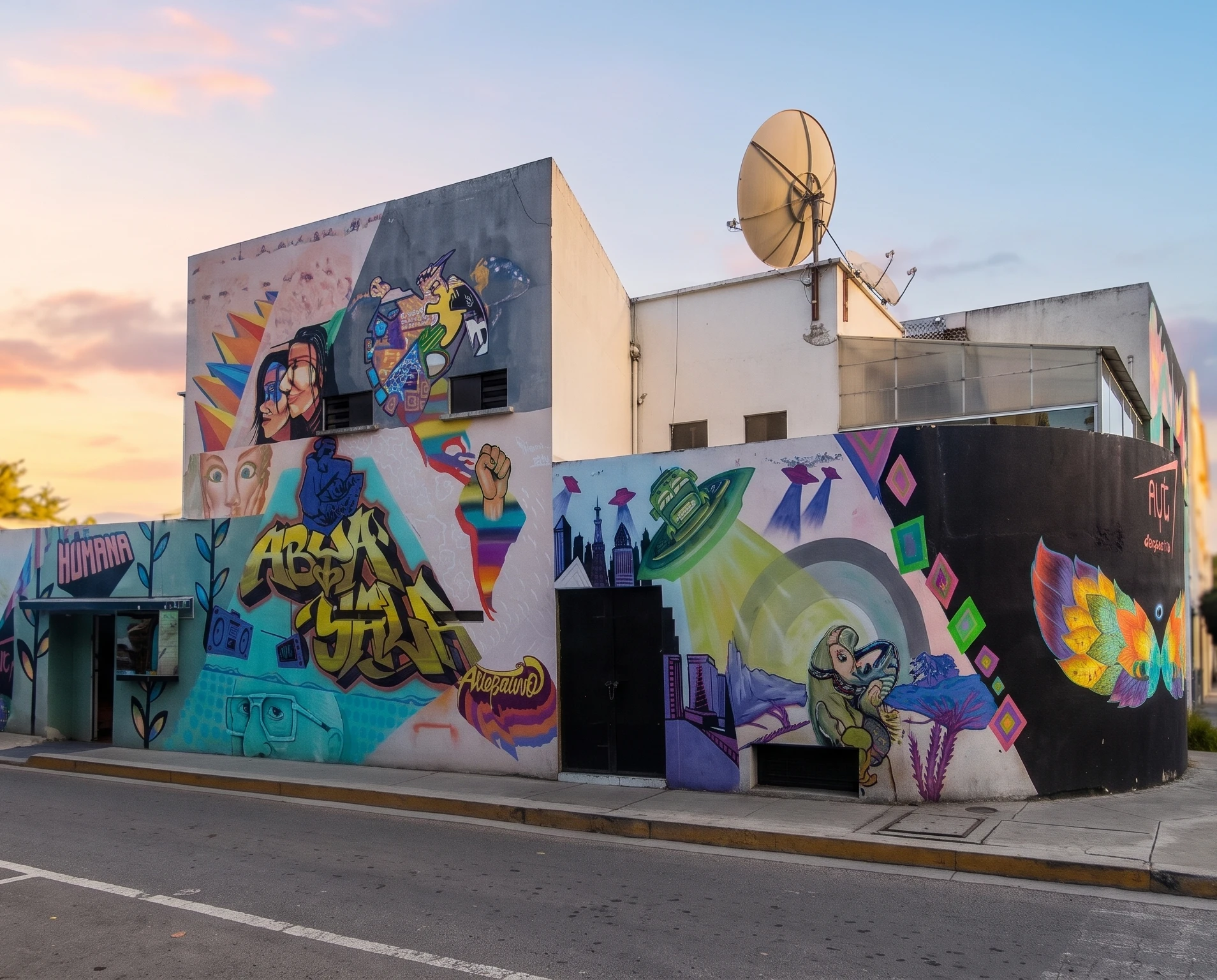 Fachada de la Fundación Abya Yala Bolivia con murales comunitarios